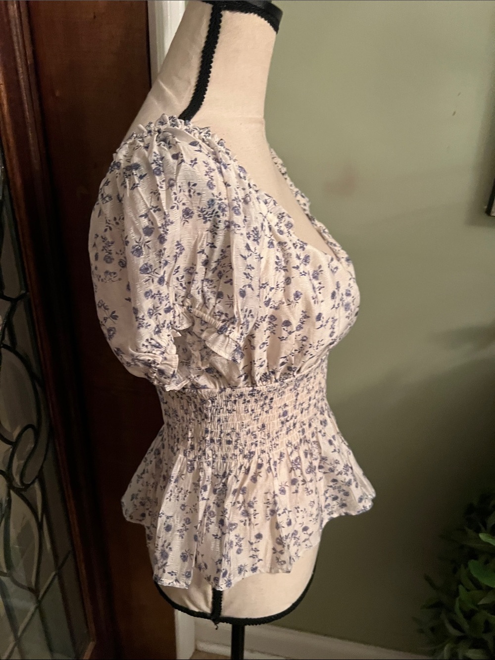 Smocked Peplum Floral Top in White and Blue - Picture 5 of 8
